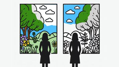Silhouettes looking at contrasting landscape illustrations