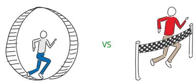 Hamster wheel vs. crossing finish line illustration.