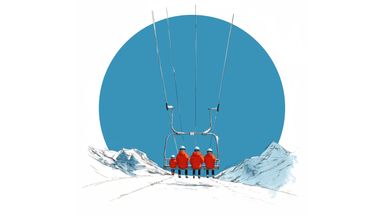 Four skiers on a lift against a blue sky.